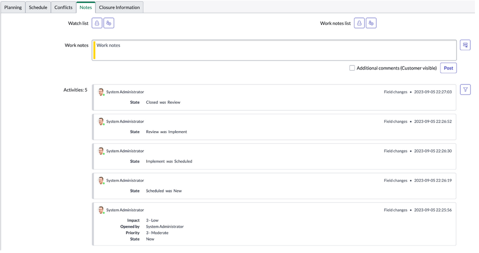 ServiceNow Change Request Notes